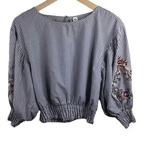BP Women's Grey White Cotton Striped Embroidered Puff Sleeve Crop Blouse Size XS